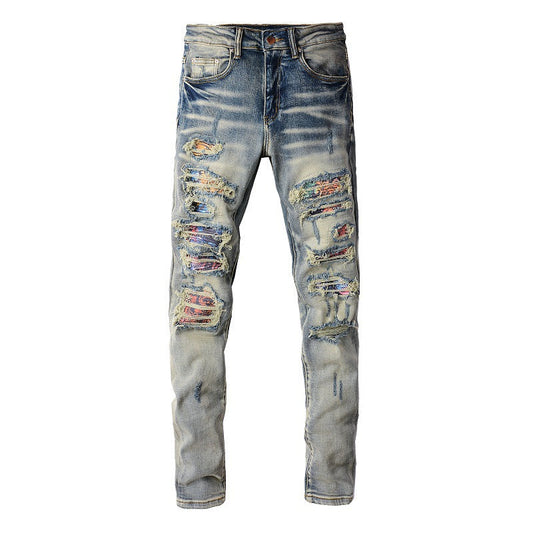 High Street Ripped Patch Jeans Men's Patch Elastic Slim Small Foot Jeans 876