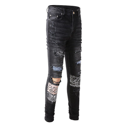 High Street Ripped Patch Jeans Pattern Patch Elastic Slim Pants #864