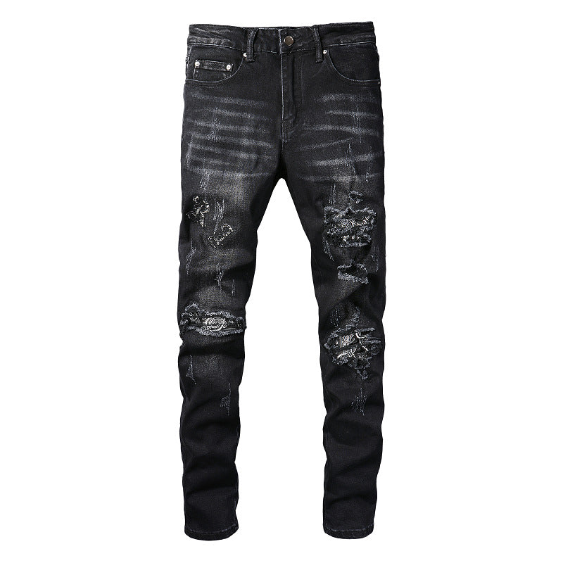 829 Street Ripped Patch Jeans High Street Men Splicing Slim Pants Jeans