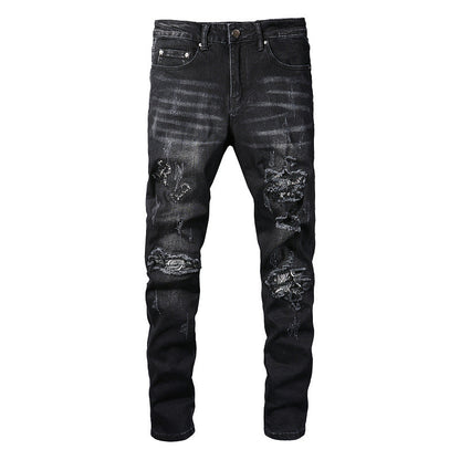 829 Street Ripped Patch Jeans High Street Men Splicing Slim Pants Jeans