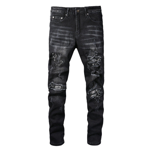 829 Street Ripped Patch Jeans High Street Men Splicing Slim Pants Jeans