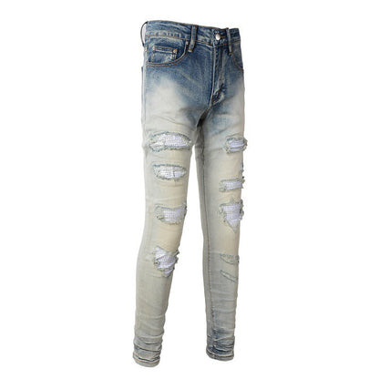 Street Casual Ripped Patch Diamond Slimming Small Foot Jeans #1339