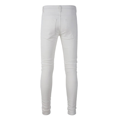 High Street Ripped Patch Diamond encrusted Elastic Slim fit White Jeans 625
