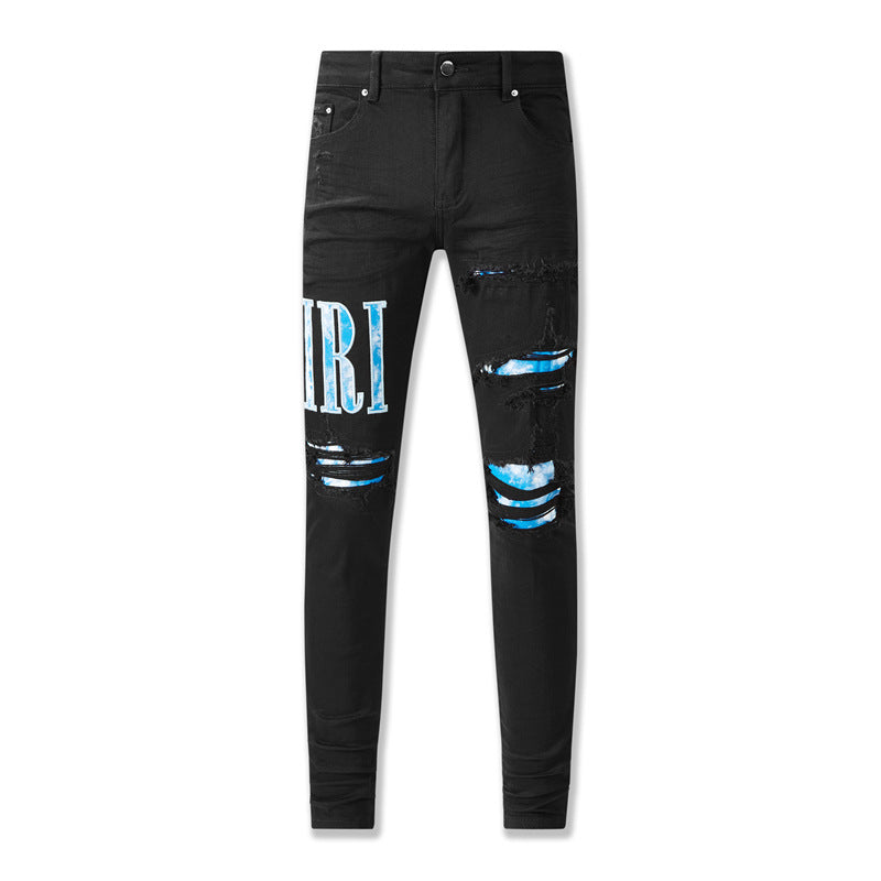 NOUVEAU THOM Black wear lettres bleues personnalité vintage mode jean déchiré 8805
