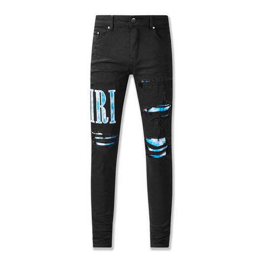 NEW THOM Black wear blue letters vintage personality fashion Ripped jeans 8805