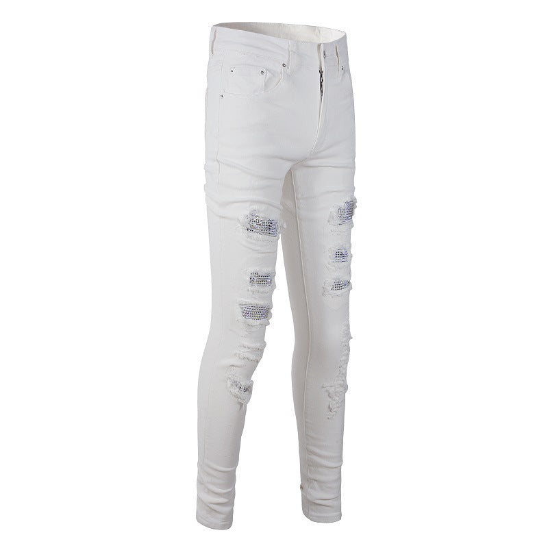 High Street Ripped Patch Diamond encrusted Elastic Slim fit White Jeans 625