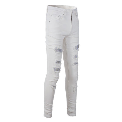 High Street Ripped Patch Diamond encrusted Elastic Slim fit White Jeans 625