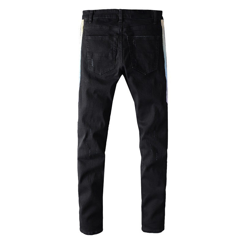 644 High Street Side Patch Hollow Beggar Slim fit Small Feet Elastic Jeans