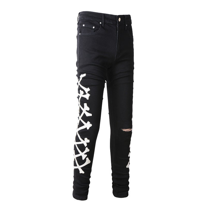 870 Jeans Ripped Bone Pattern Leather Elastic Blue Skinny Jeans