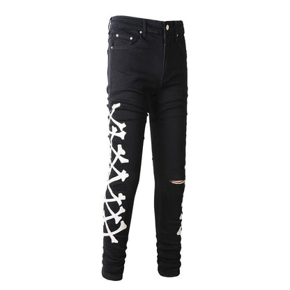 870 Jeans Ripped Bone Pattern Leather Elastic Blue Skinny Jeans
