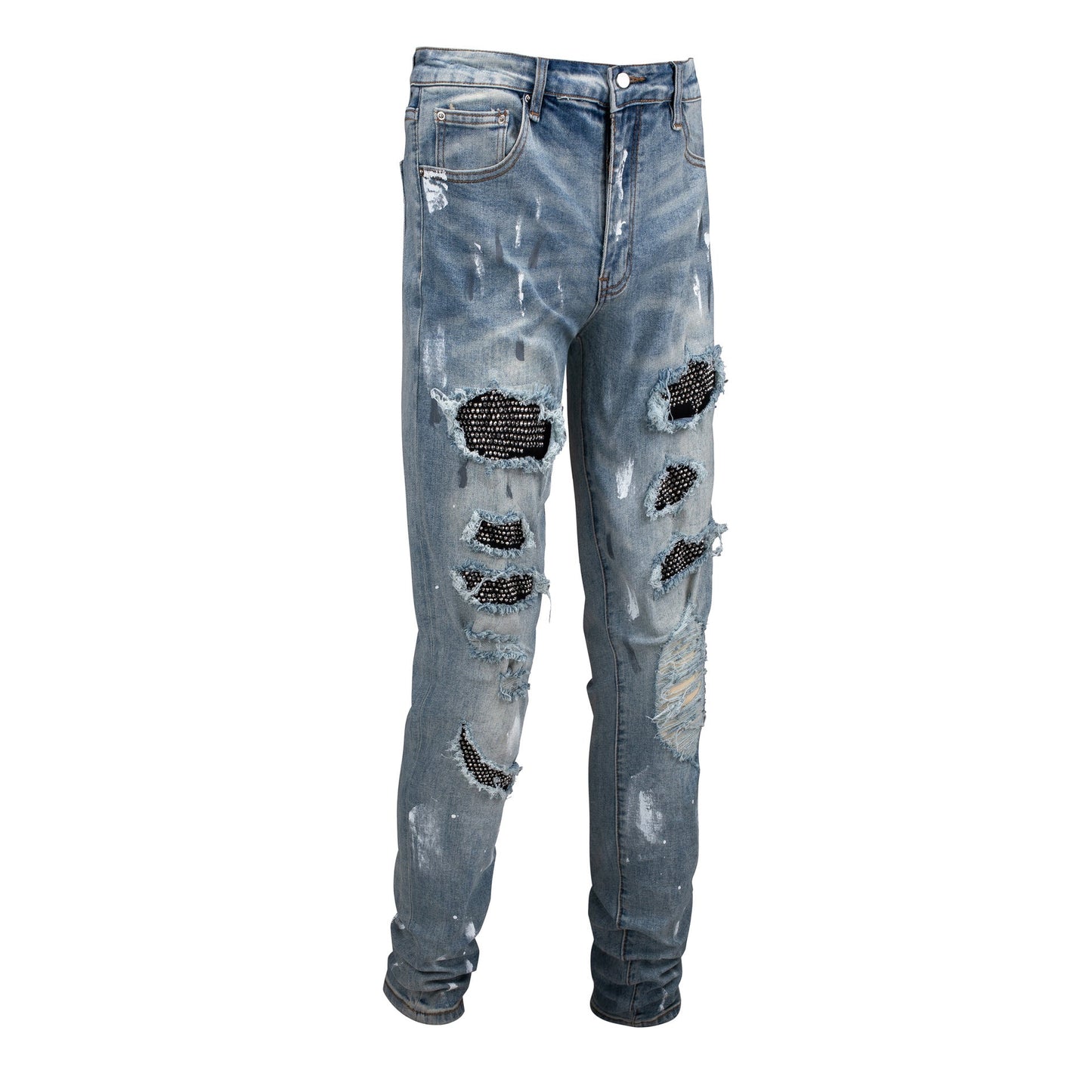 Vaqueros negros de corte ajustado para hombre con diseño de pintura y efecto desgastado de patchwork 6626