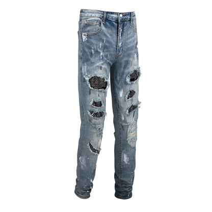 Vaqueros negros de corte ajustado para hombre con diseño de pintura y efecto desgastado de patchwork 6626