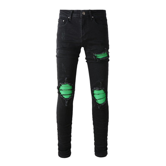 Street Washing Process Green Patch Jeans Retro Men's Stretch Slim Jeans 8880