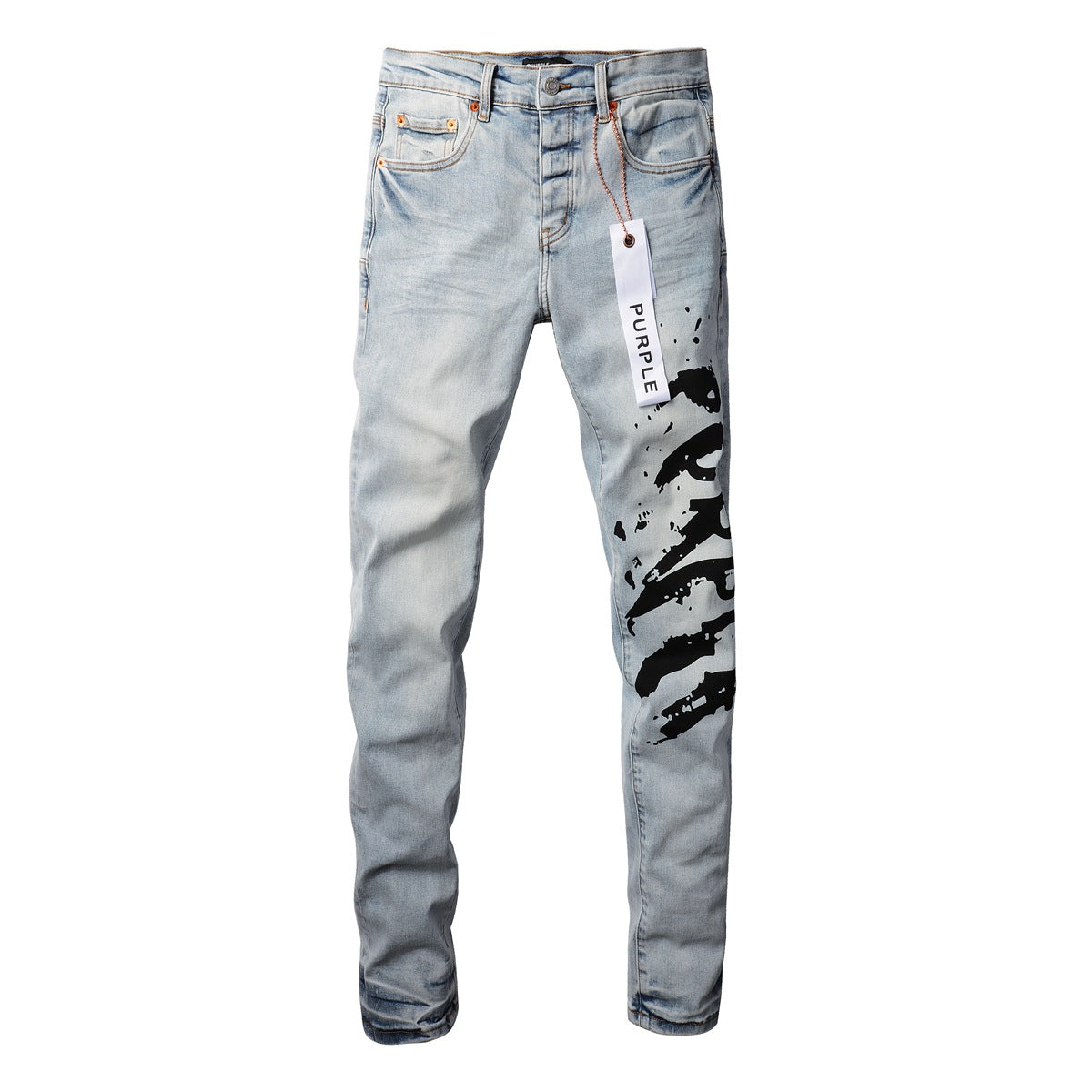 9048 Jean skinny violet pour homme avec détails déchirés Pantalon de motard en denim à la mode avec patchs et design imprimé Jeans violet