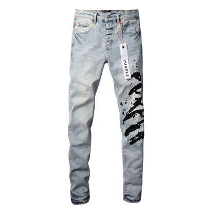 9048 Jean skinny violet pour homme avec détails déchirés Pantalon de motard en denim à la mode avec patchs et design imprimé Jeans violet