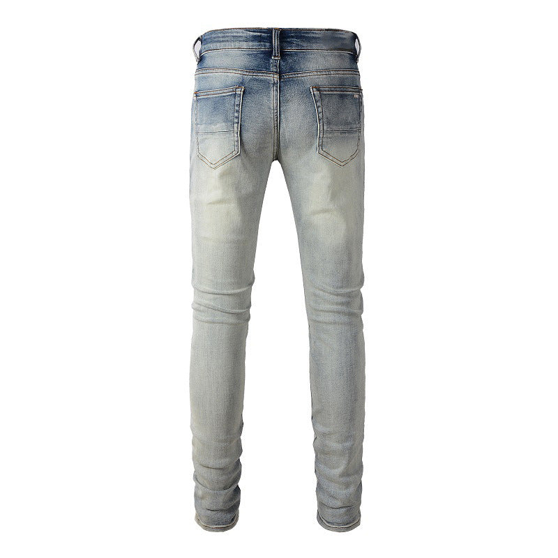 Multi hole Patch Jeans Pleated Slim fitting Small footed Jeans Men #677