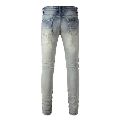 Multi hole Patch Jeans Pleated Slim fitting Small footed Jeans Men #677