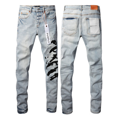 9048 Jean skinny violet pour homme avec détails déchirés Pantalon de motard en denim à la mode avec patchs et design imprimé Jeans violet