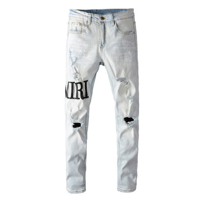 Vaqueros desgastados de corte ajustado, color beige, con letras bordadas de High Street, talla pequeña, n.° 650 