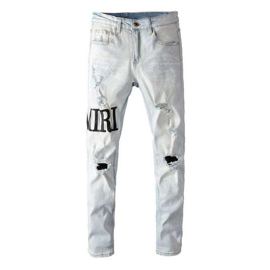 high street embroidery letters beige old slim fitting small feet ripped jeans #650