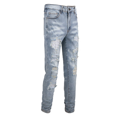Vaqueros blancos de corte ajustado para hombre con parches de diamantes de imitación y diseño desgastado 808
