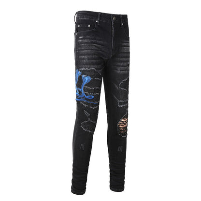 Street Embroidery, A Patch, Small footed Jeans, Men's Personalized Large size Casual Pants #1345
