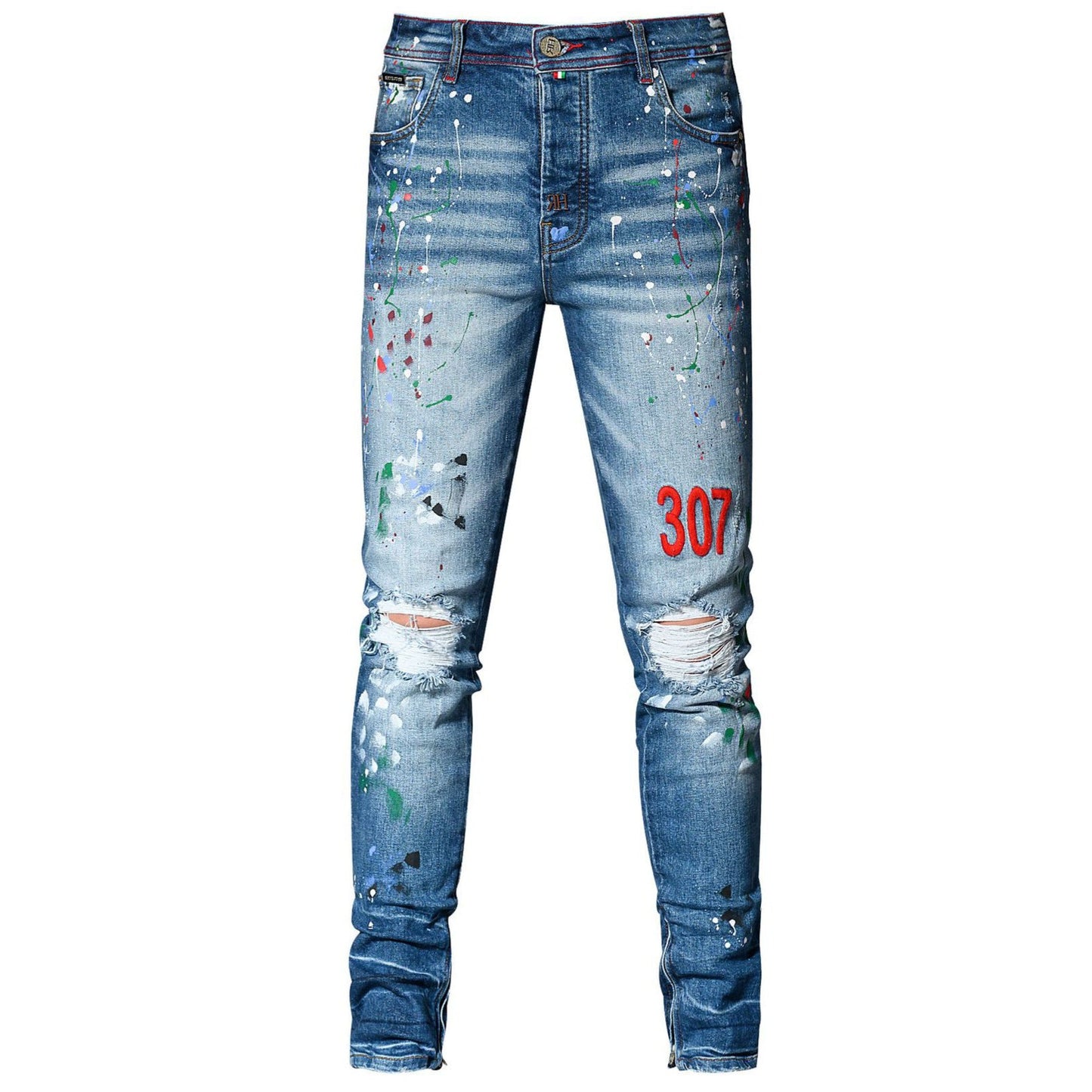 Jean bleu coupe droite avec broderie vieillie et motif peint pour un style urbain