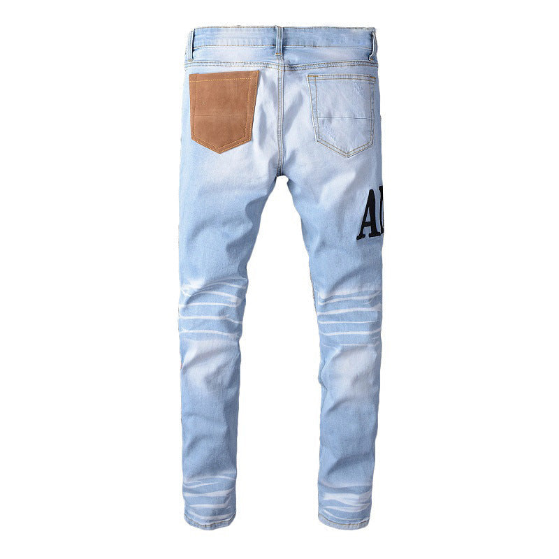 Light Blue Embroidery Leopard Print Patch Elastic Slim Hole Gradual Change Jeans #614