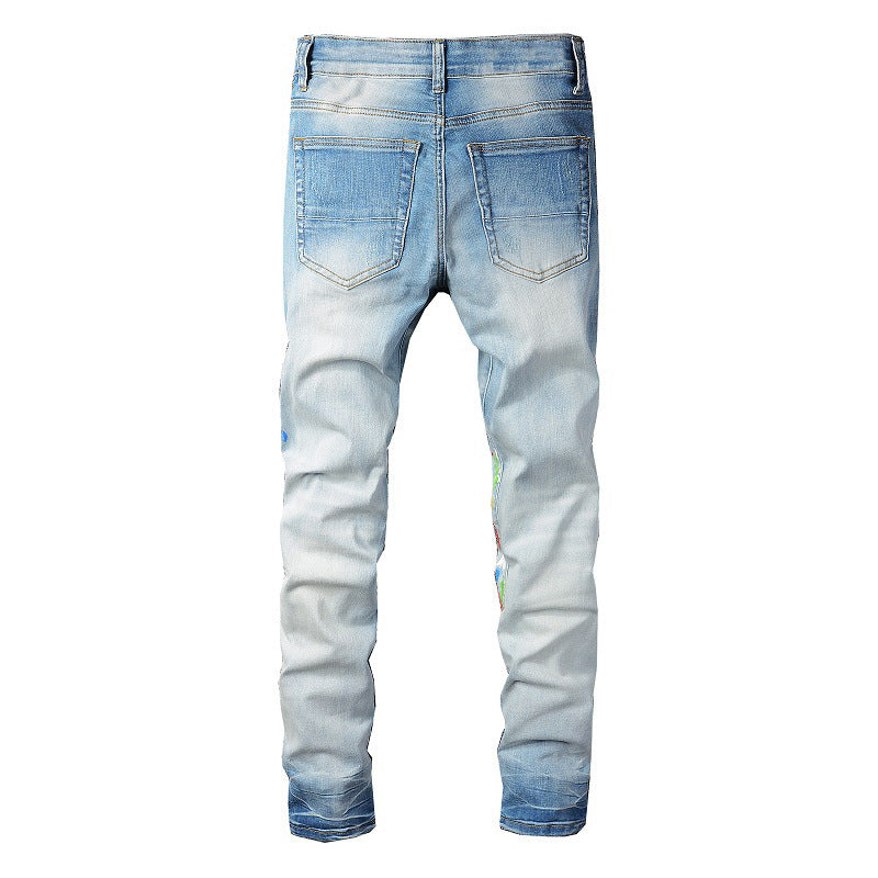 827 High Street Jeans Ripped Spray Paint Colorful Jeans Slim Fit Pants