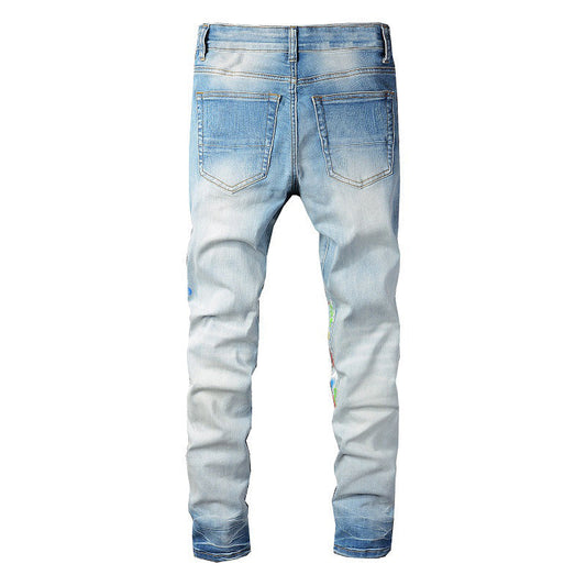 827 High Street Jeans Ripped Spray Paint Colorful Jeans Slim Fit Pants