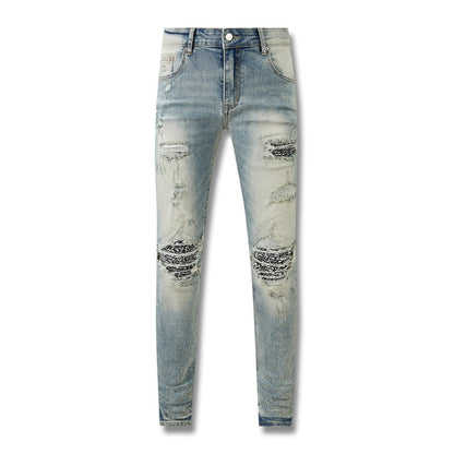Jean déchiré High Street jaune boue avec vieux patch à fleurs de cajou 8803 