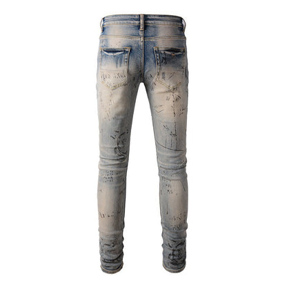 869 Street Spray Paint Colorful Letter Denim Cotton Youth Slim Jeans