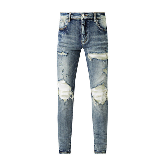 Light Blue Distressed Jeans with Washed Effect and Stylish Rips 8812