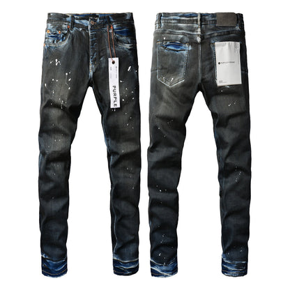Jean skinny violet pour homme avec détails déchirés 9051 Pantalon de motard en denim tendance avec patchs et motif imprimé