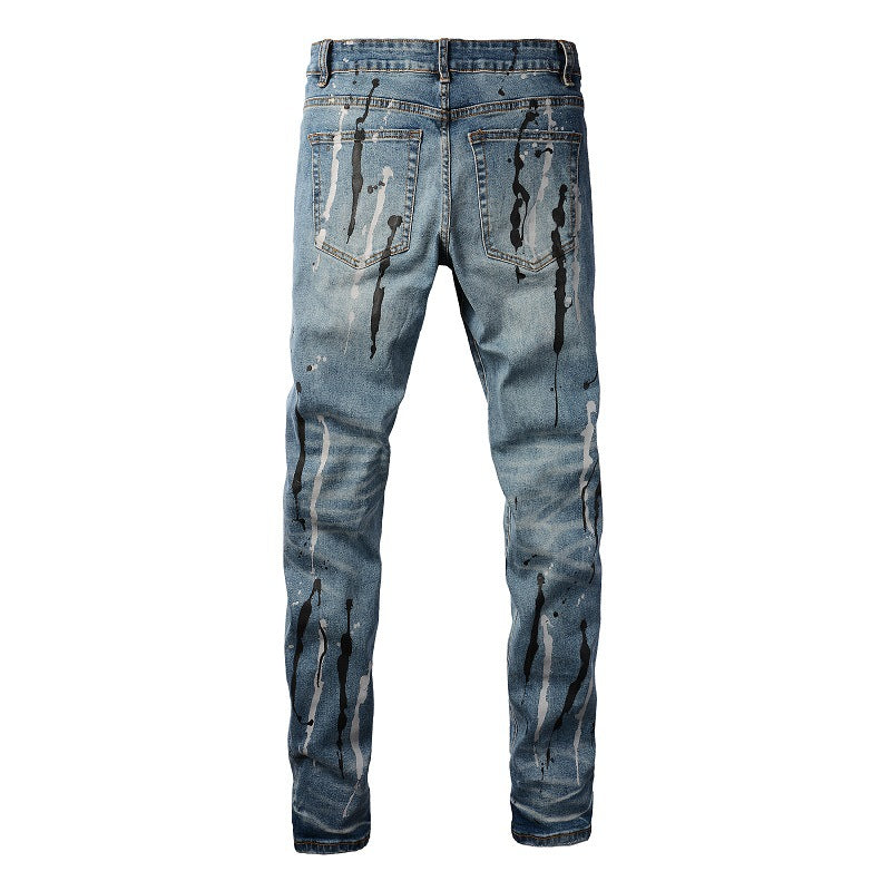 Jeans Graffiti Flow Ink déchiré Jeans Stretch Slim Denim #6907 