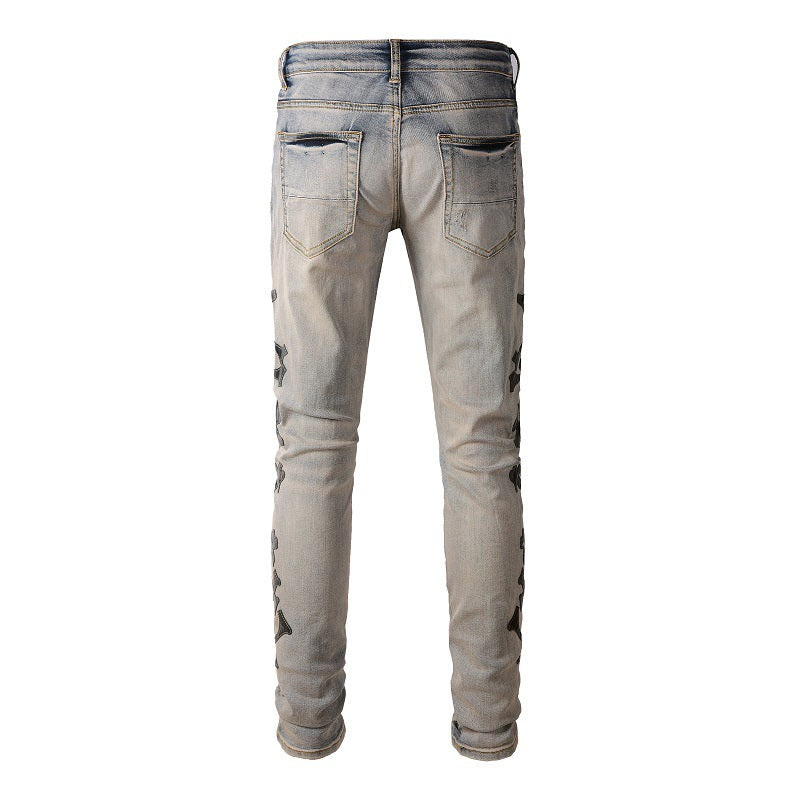 871 Jeans, Ripped Embroidered Bones, Skin Stickers, Elastic, Slim fitting Small footed Jeans