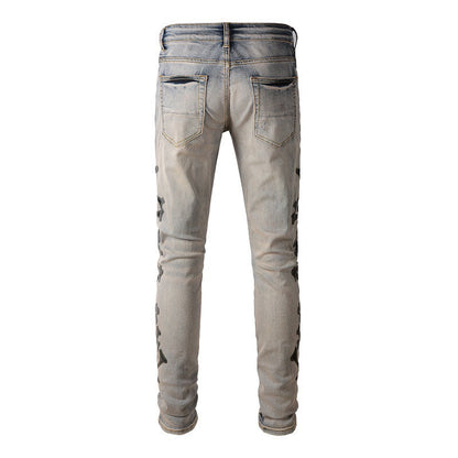 871 Jeans, Ripped Embroidered Bones, Skin Stickers, Elastic, Slim fitting Small footed Jeans