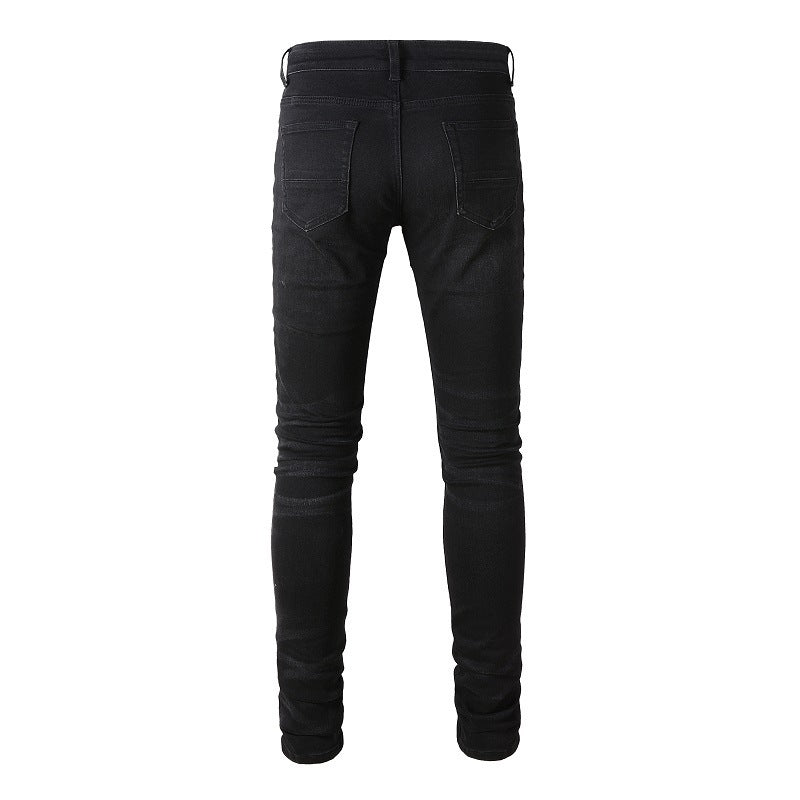 Jean slim bleu pour homme avec motif patchwork et froissé pour un style urbain 8870