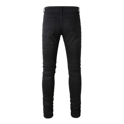 Jean slim bleu pour homme avec motif patchwork et froissé pour un style urbain 8870