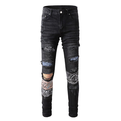 High Street Ripped Patch Jeans Pattern Patch Elastic Slim Pants #864