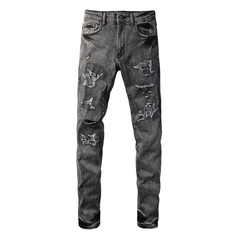 Vintage Washed Ripped Cashew Flower Patch Elastic Slim Small Feet Dark Grey Jeans 1000-8903