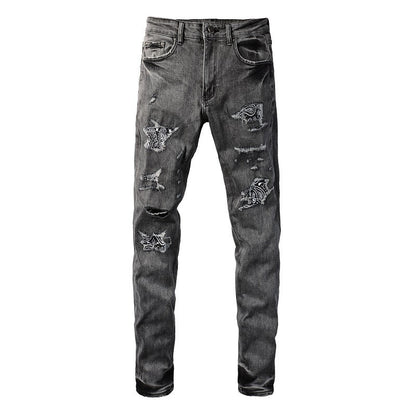 Vintage Washed Ripped Cashew Flower Patch Elastic Slim Small Feet Dark Grey Jeans 1000-8903