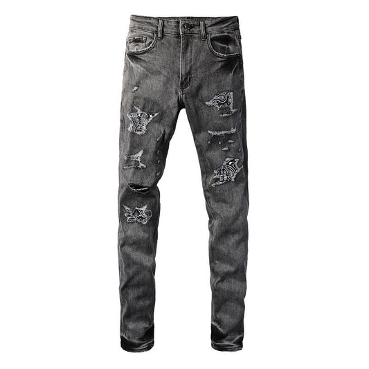 Vintage Washed Ripped Cashew Flower Patch Elastic Slim Small Feet Dark Grey Jeans 1000-8903
