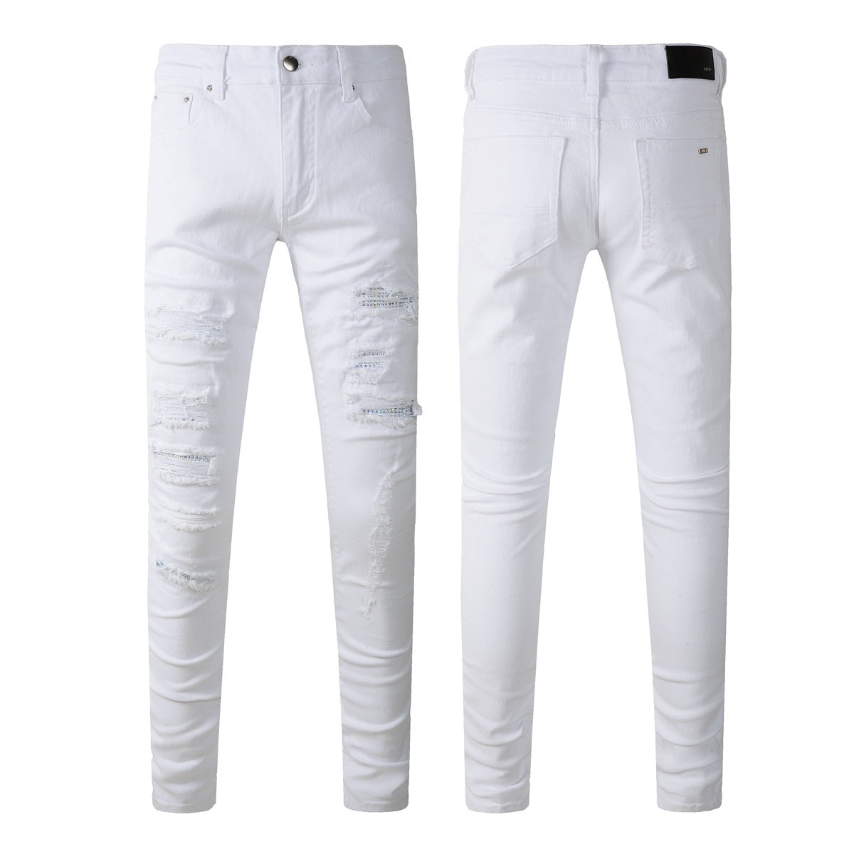 Pantalon skinny pour homme en patchwork déchiré de style pop, blanc, jean AM897C 