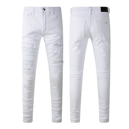 Pantalon skinny pour homme en patchwork déchiré de style pop, blanc, jean AM897C 