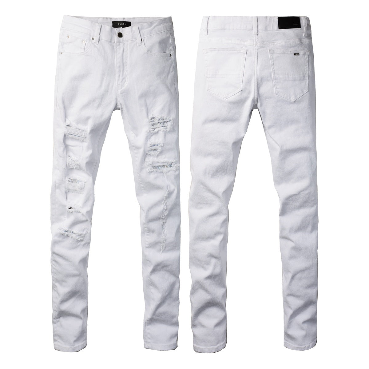 Pantalon skinny pour homme en patchwork déchiré de style pop, blanc, jean AM897C 
