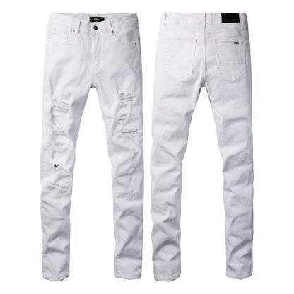 Pantalon skinny pour homme en patchwork déchiré de style pop, blanc, jean AM897C 