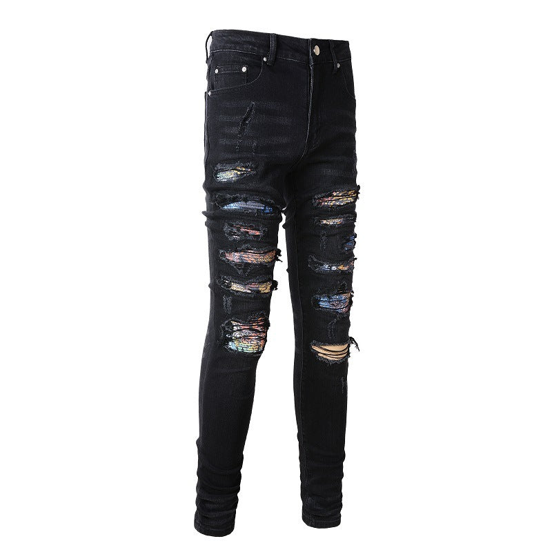 High Street Ripped Patch Jeans Men's Patch Elastic Slim fitting Pants #875