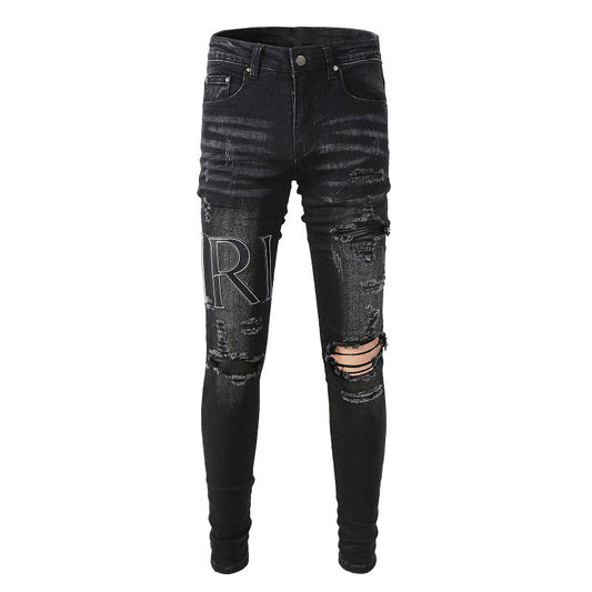 Street Ripped Letter Embroidery High Street Slim fit Pants Jeans 844