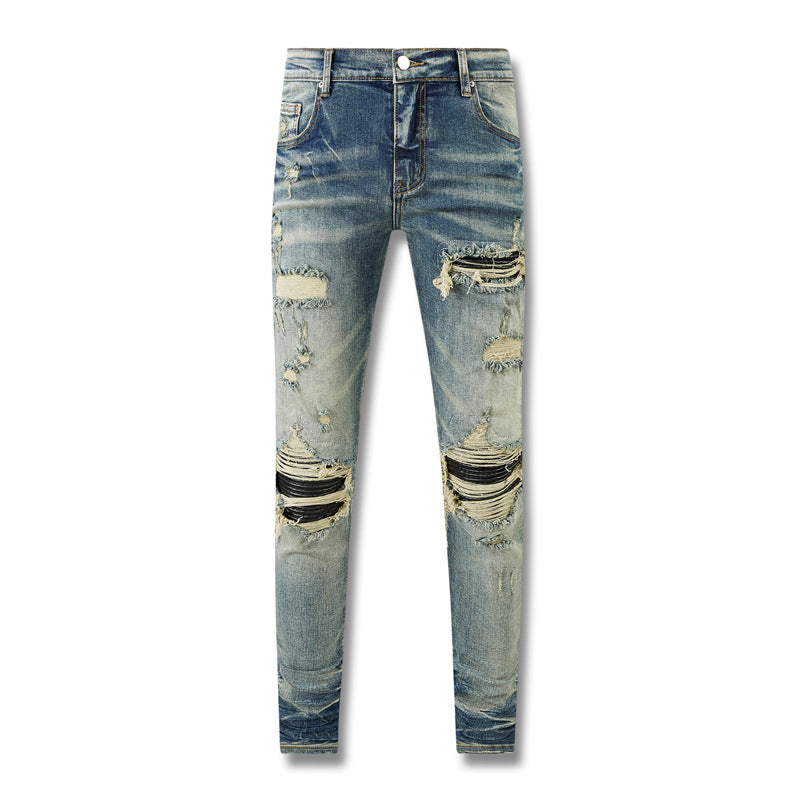 Jean slim skinny droit pour homme 8602, denim déchiré non élastique avec déchirures aux genoux